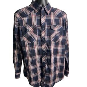 Coastal Shirt‎ Mens Large Blue Red Plaid Western Pearl Snap Long Sleeve